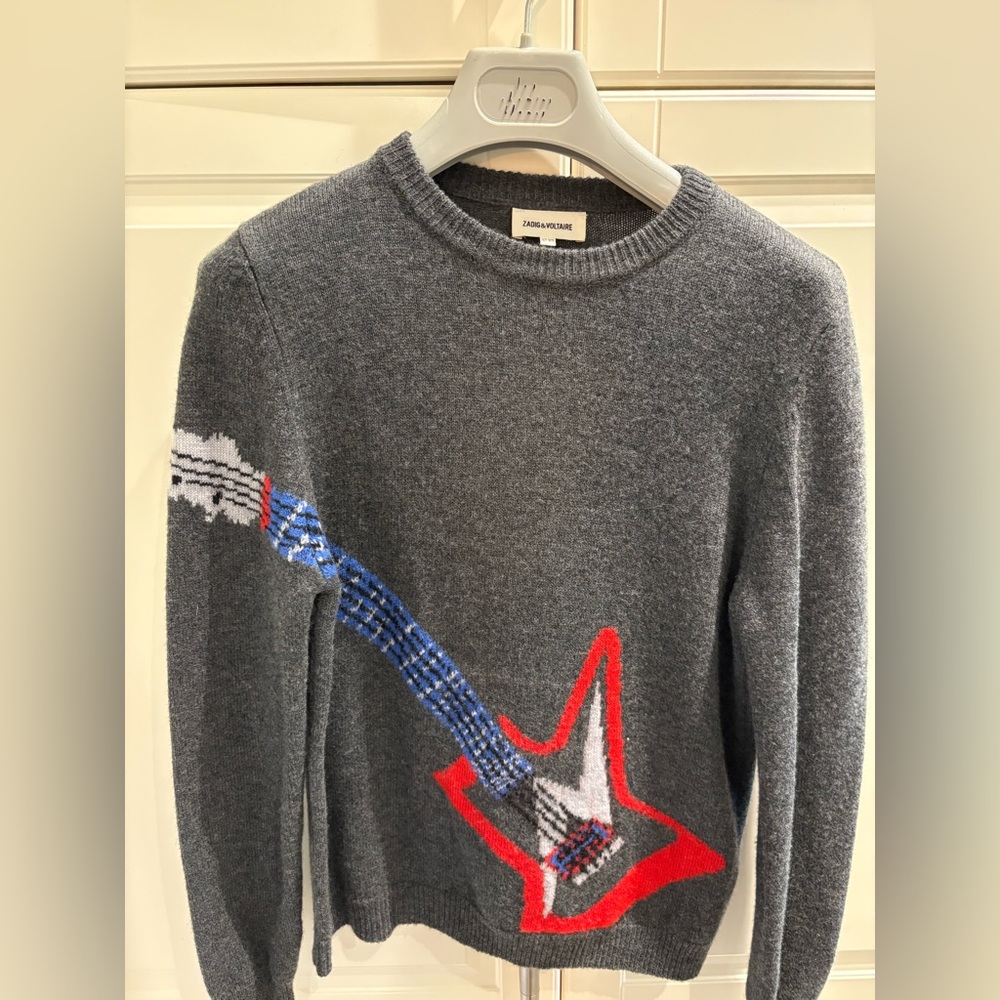 Zadig & Voltaire Gray Crewneck Sweater with Red and Blue Star